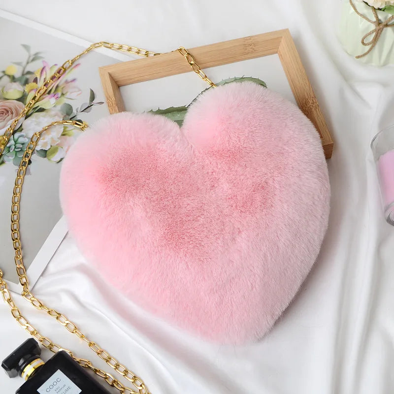 Heart-Shaped Rabbit Fur Plush Bag Soft Peach Heart Bag