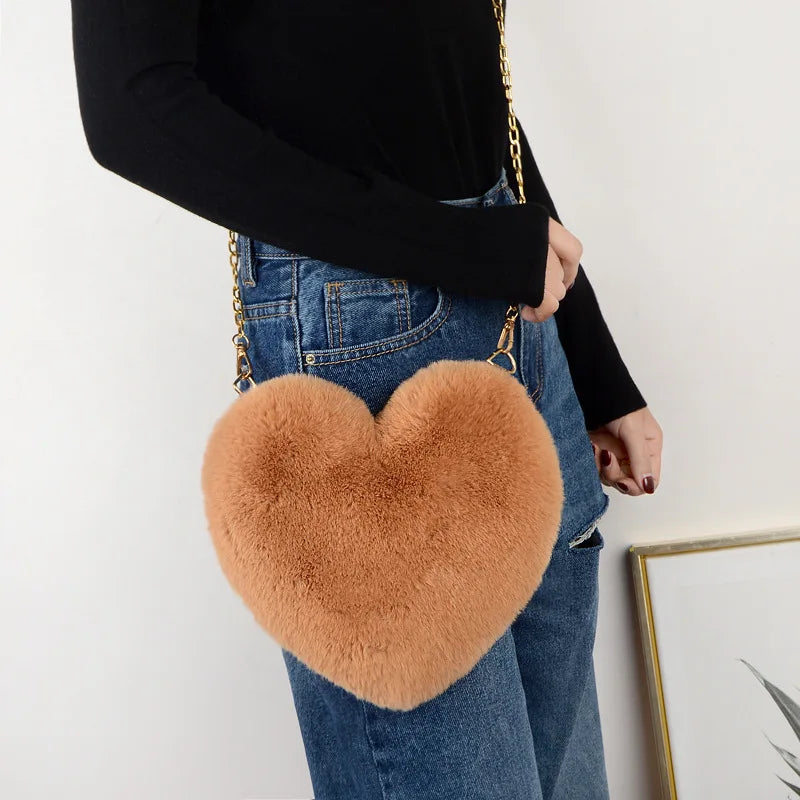Heart-Shaped Rabbit Fur Plush Bag Soft Peach Heart Bag