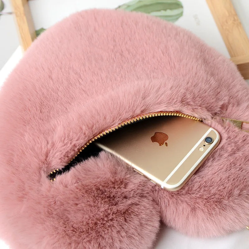 Heart-Shaped Rabbit Fur Plush Bag Soft Peach Heart Bag