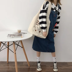 Women Plush Bear Embroidered Shoulder Tote Bag Canvas Fluffy Handbags