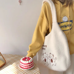 Women Plush Bear Embroidered Shoulder Tote Bag Canvas Fluffy Handbags
