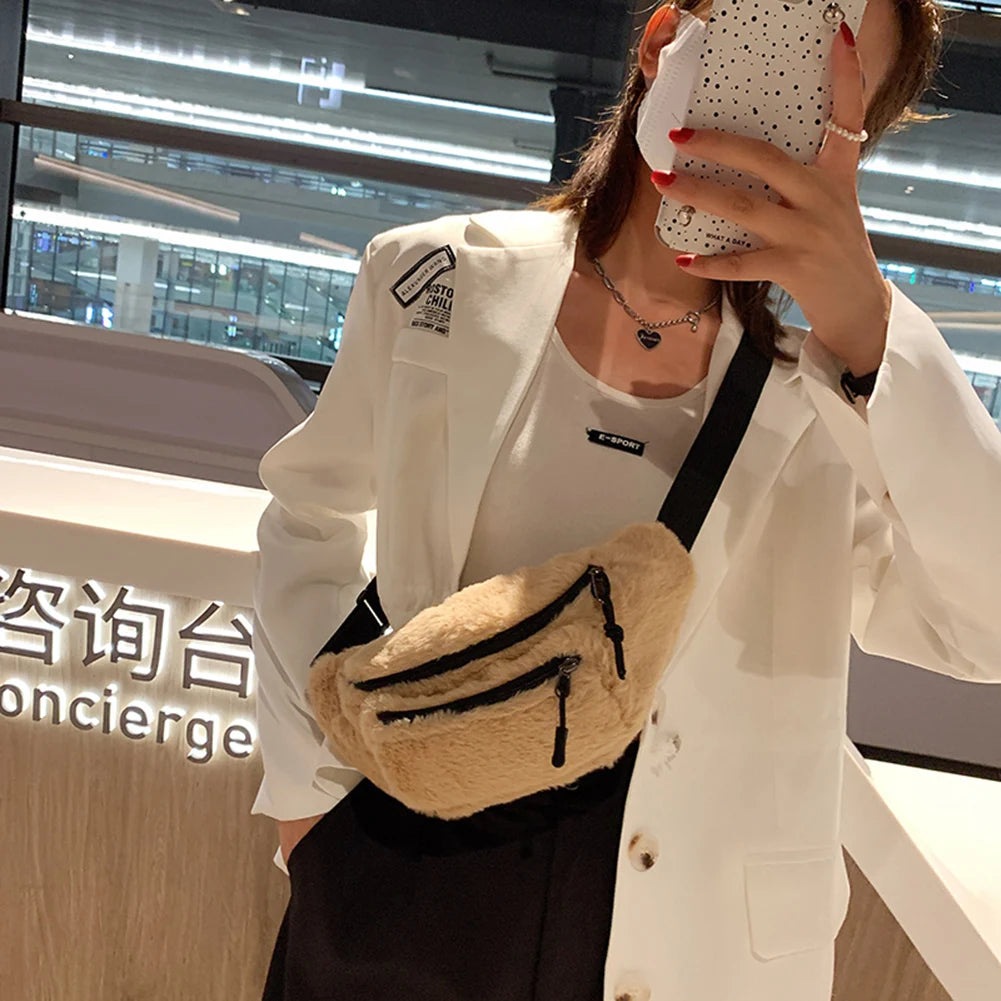 Women Plush Chest Bag Solid Belt Shoulder Crossbody Chest Bag Female Fanny Pack