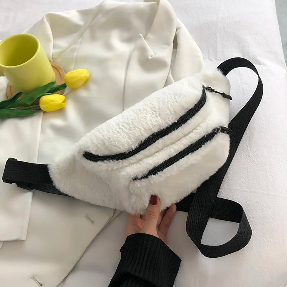 Women Plush Chest Bag Solid Belt Shoulder Crossbody Chest Bag Female Fanny Pack