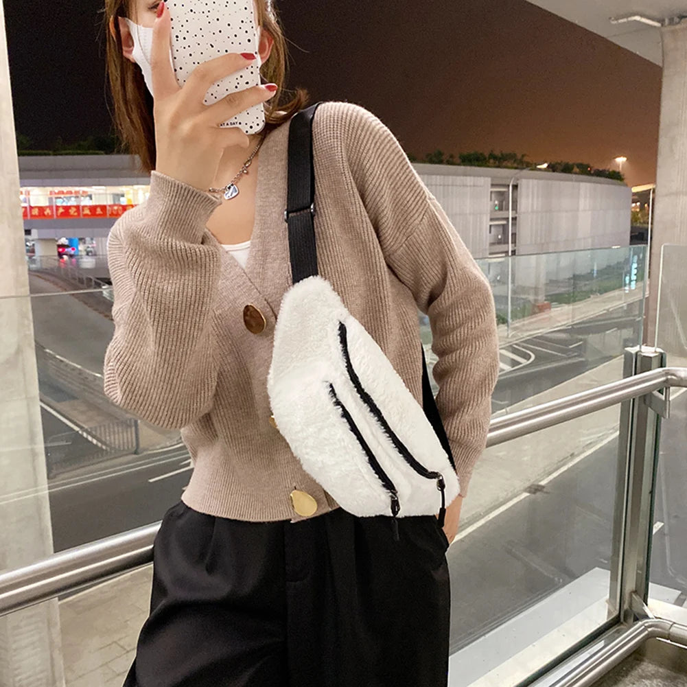 Women Plush Chest Bag Solid Belt Shoulder Crossbody Chest Bag Female Fanny Pack