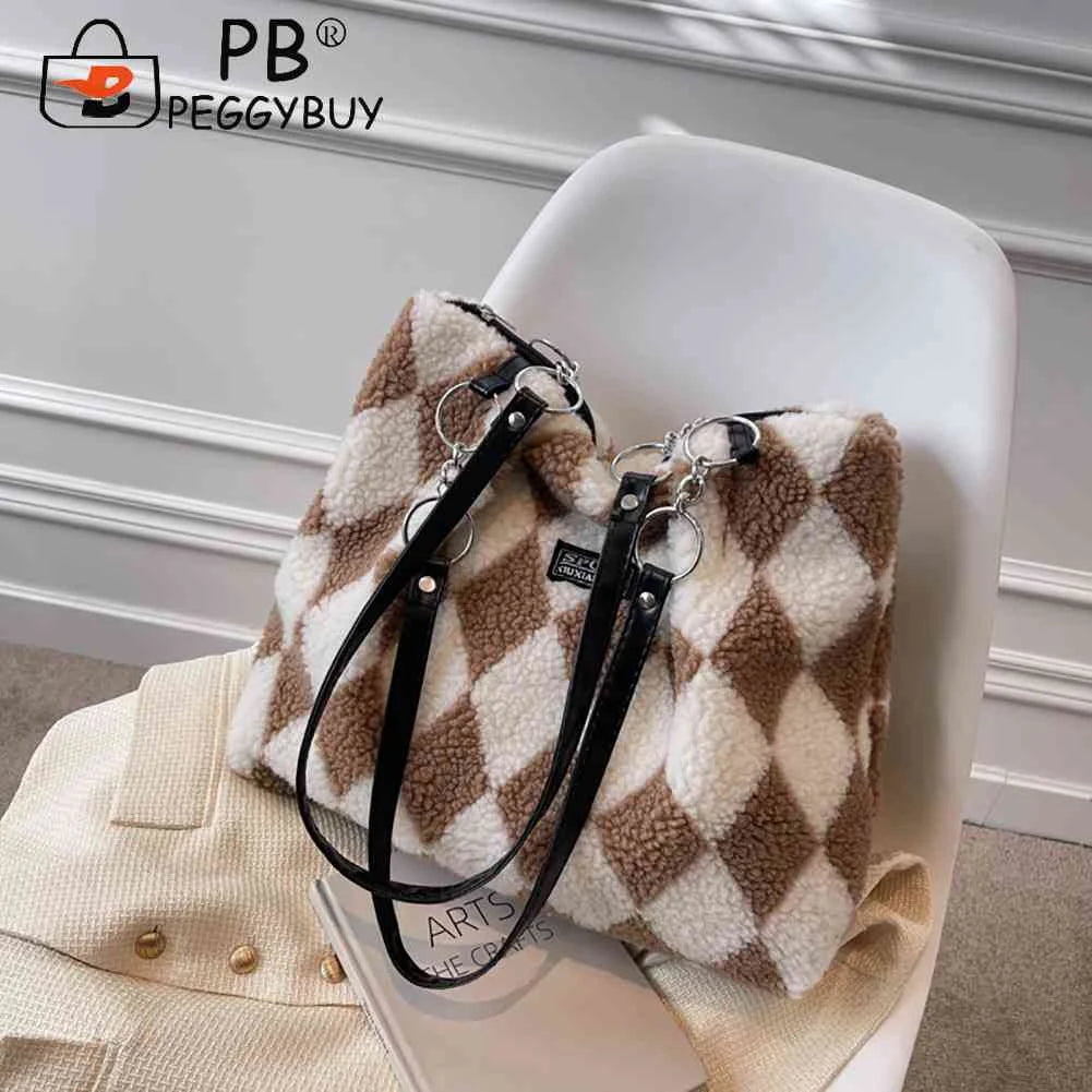 Women Checkerboard Top-handle Bag Faux Fur Autumn Winter Large Capacity