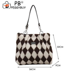 Women Checkerboard Top-handle Bag Faux Fur Autumn Winter Large Capacity