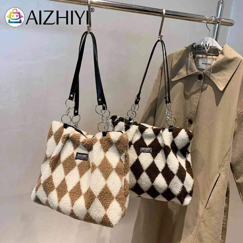 Faux Fur Checkerboard Top-handle Bag Large Capacity Fluffy All-match Shoulder Ba