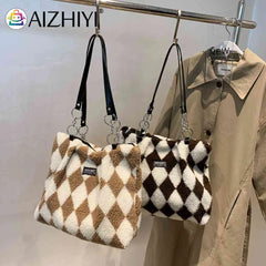 Faux Fur Checkerboard Top-handle Bag Large Capacity Fluffy All-match Shoulder Ba