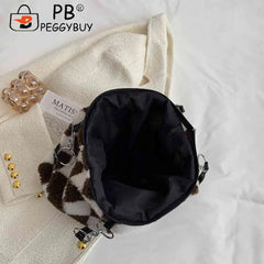 Women Checkerboard Top-handle Bag Faux Fur Autumn Winter Large Capacity