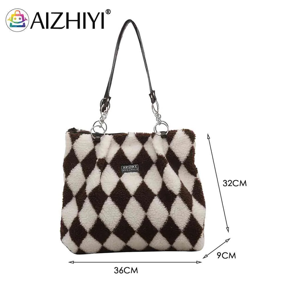 Faux Fur Checkerboard Top-handle Bag Large Capacity Fluffy All-match Shoulder Ba