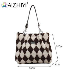 Faux Fur Checkerboard Top-handle Bag Large Capacity Fluffy All-match Shoulder Ba