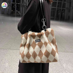 Faux Fur Checkerboard Top-handle Bag Large Capacity Fluffy All-match Shoulder Ba
