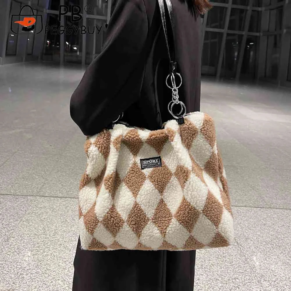 Women Checkerboard Top-handle Bag Faux Fur Autumn Winter Large Capacity
