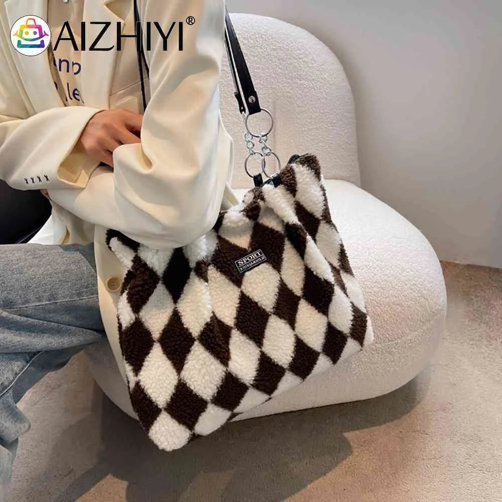 Faux Fur Checkerboard Top-handle Bag Large Capacity Fluffy All-match Shoulder Ba
