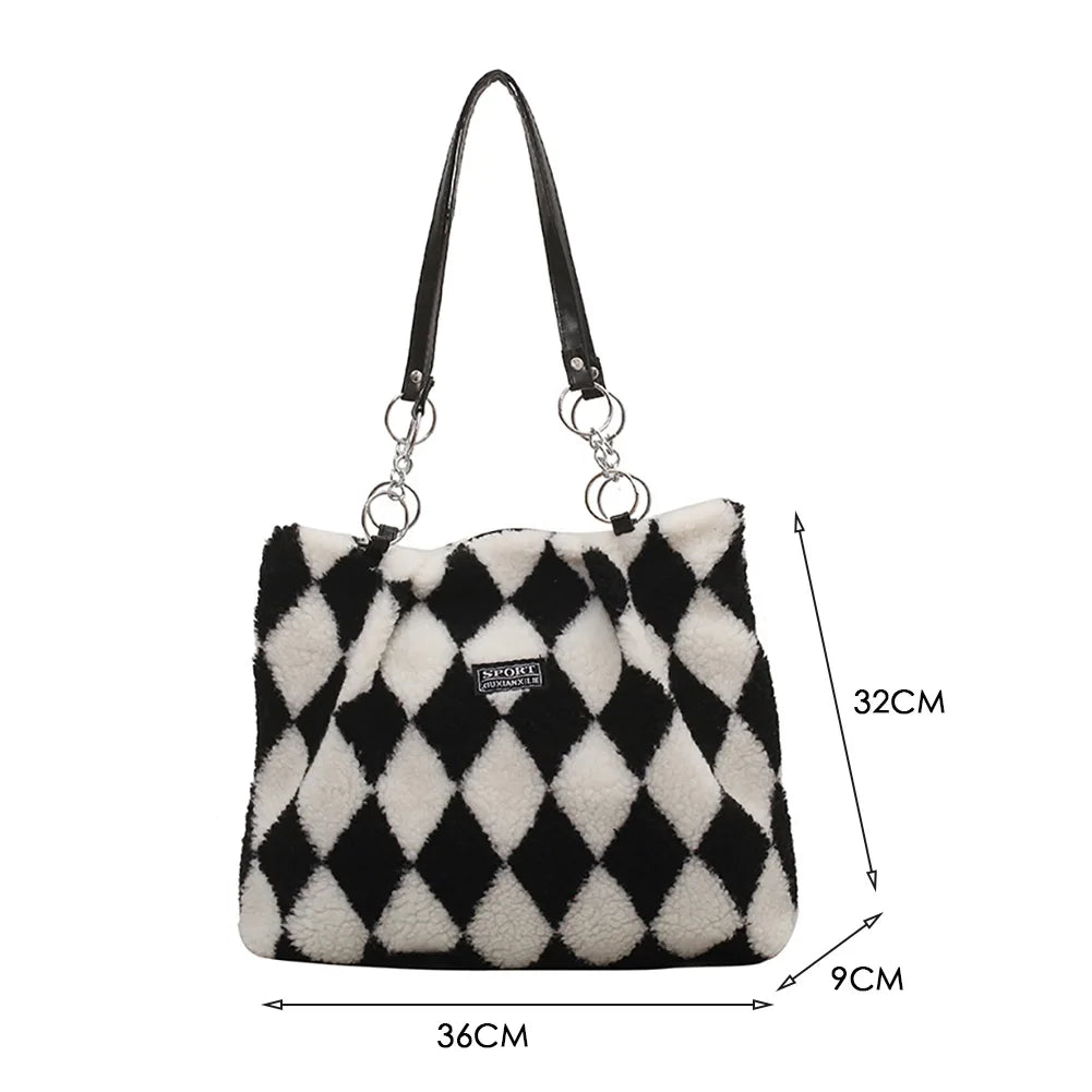 Faux Fur Checkerboard Top-handle Bag Large Capacity Fluffy All-match Shoulder Ba