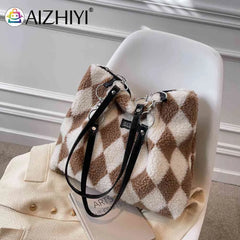 Faux Fur Checkerboard Top-handle Bag Large Capacity Fluffy All-match Shoulder Ba