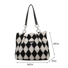 Women Checkerboard Top-handle Bag Faux Fur Autumn Winter Large Capacity
