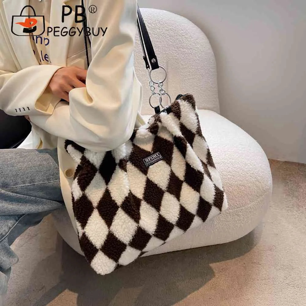Women Checkerboard Top-handle Bag Faux Fur Autumn Winter Large Capacity