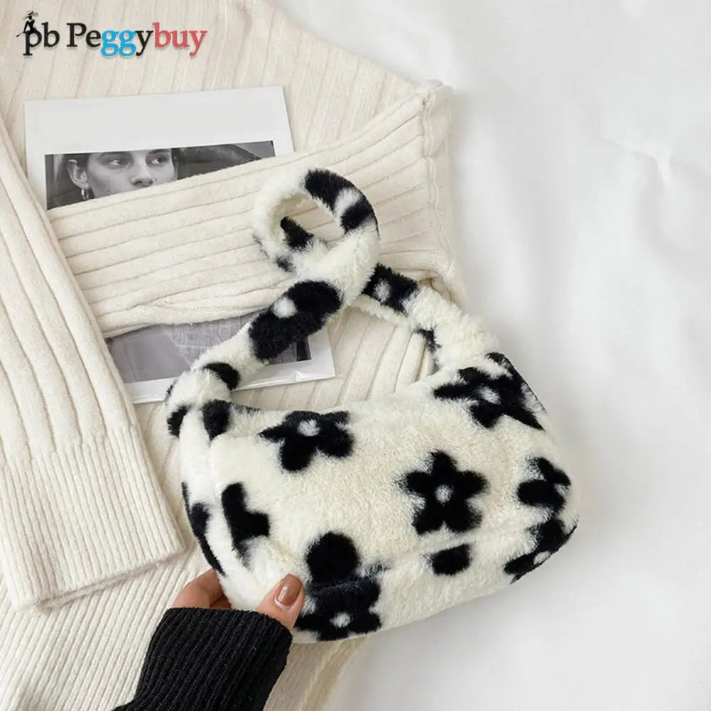 Women Plush Faux Fur Flower Pattern Underarm Bag Handbag Lady Zipper