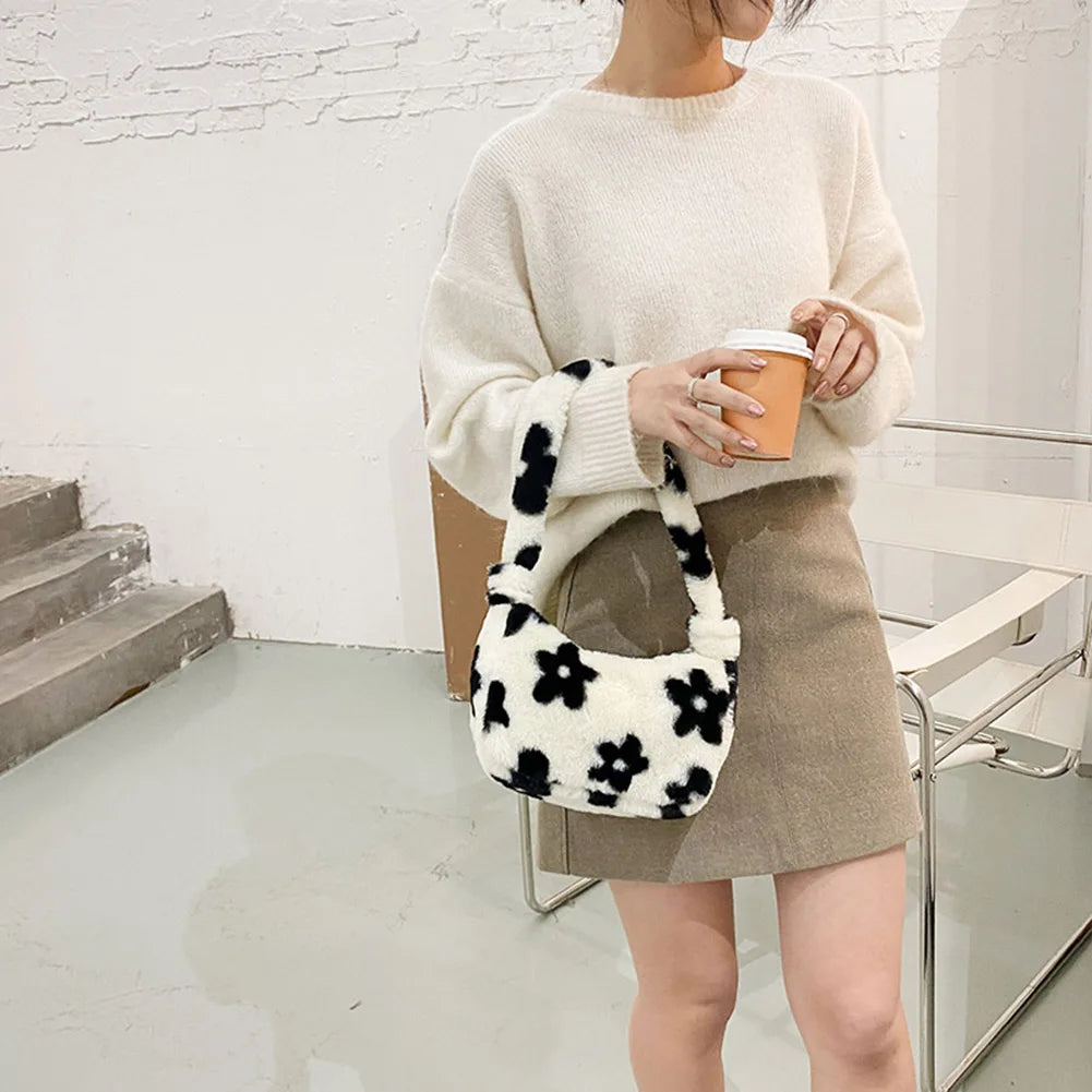 Women Plush Faux Fur Flower Pattern Underarm Bag Handbag Lady Zipper