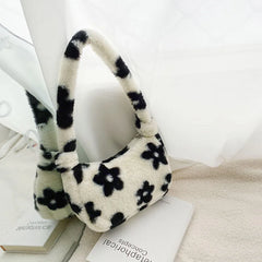 Women Plush Faux Fur Flower Pattern Underarm Bag Handbag Lady Zipper
