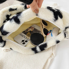 Women Plush Faux Fur Flower Pattern Underarm Bag Handbag Lady Zipper