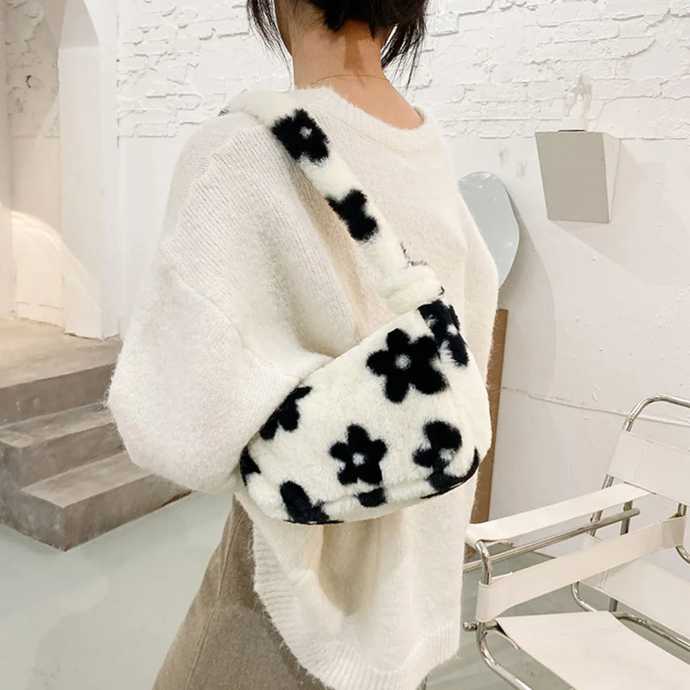 Women Plush Faux Fur Flower Pattern Underarm Bag Handbag Lady Zipper