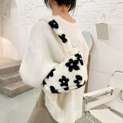 Women Plush Faux Fur Flower Pattern Underarm Bag Handbag Lady Zipper