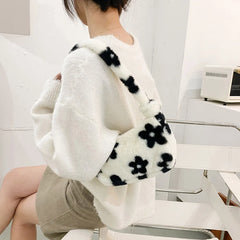 Women Plush Faux Fur Flower Pattern Underarm Bag Handbag Lady Zipper