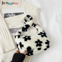 Women Plush Faux Fur Flower Pattern Underarm Bag Handbag Lady Zipper