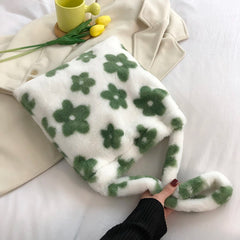 Women Plush Flower Pattern Shoulder Bag Female Winter Warm Fabric Shopping Bags