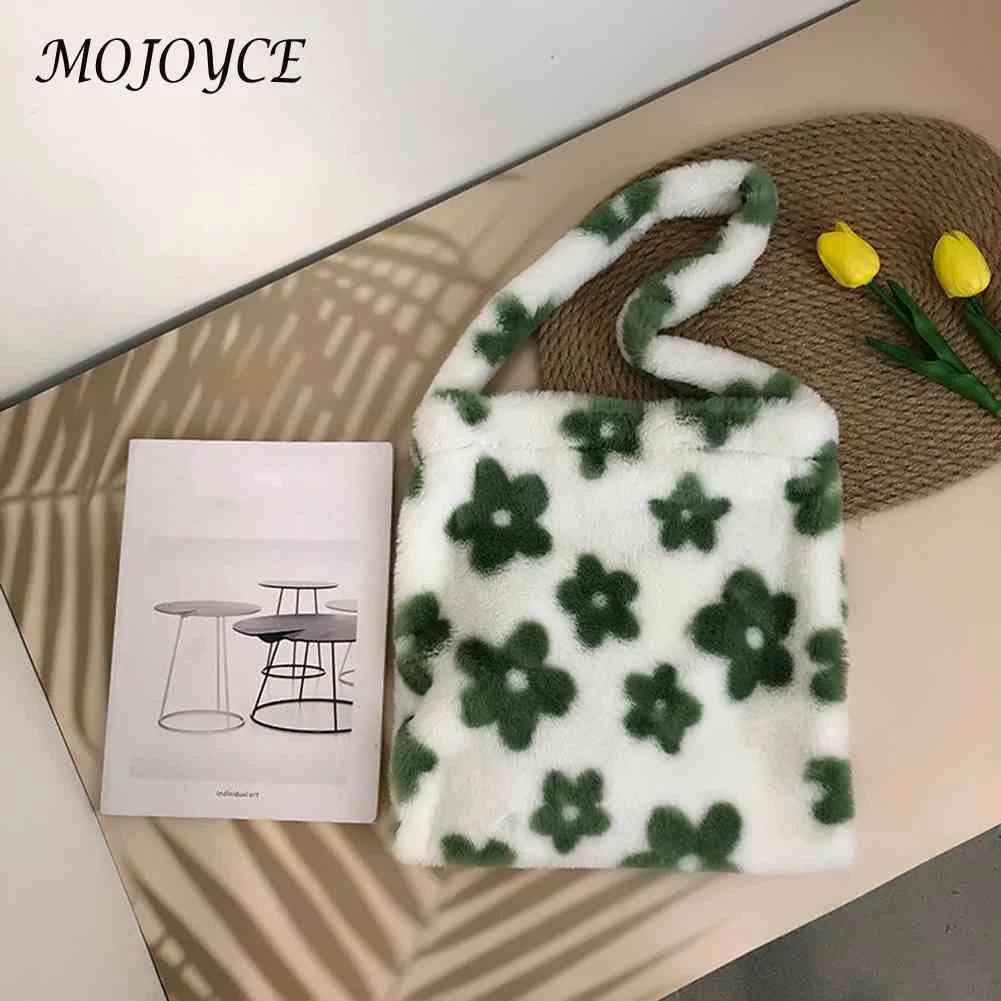 Women Plush Flower Shoulder Bag Winter Warm Fabric Shopping Bags