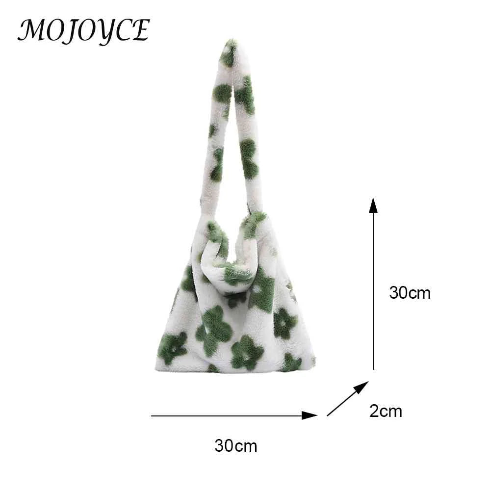 Women Plush Flower Shoulder Bag Winter Warm Fabric Shopping Bags