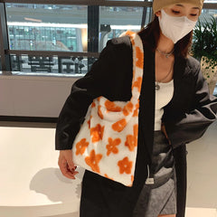 Women Plush Flower Pattern Shoulder Bag Female Winter Warm Fabric Shopping Bags
