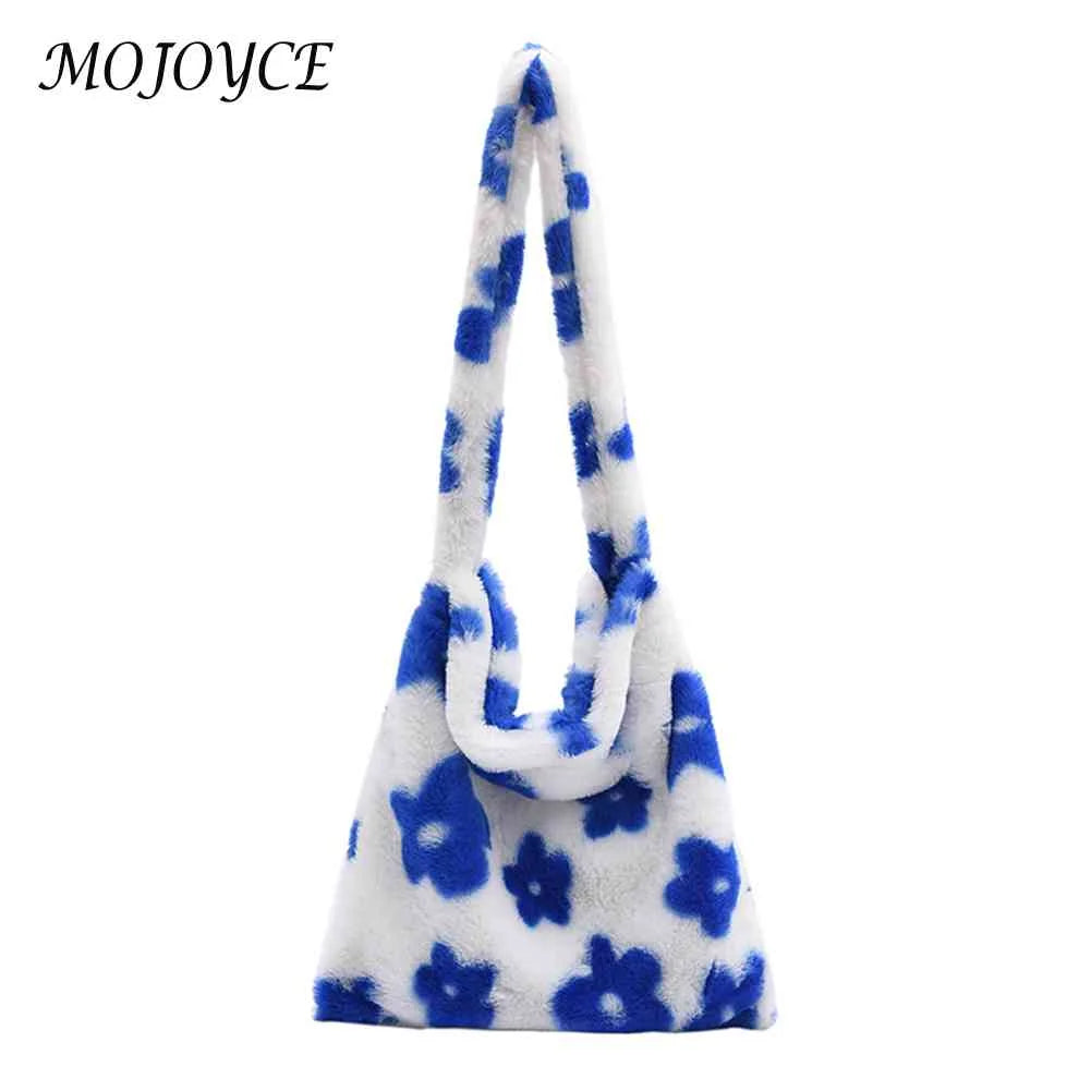Women Plush Flower Shoulder Bag Winter Warm Fabric Shopping Bags