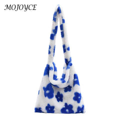 Women Plush Flower Shoulder Bag Winter Warm Fabric Shopping Bags