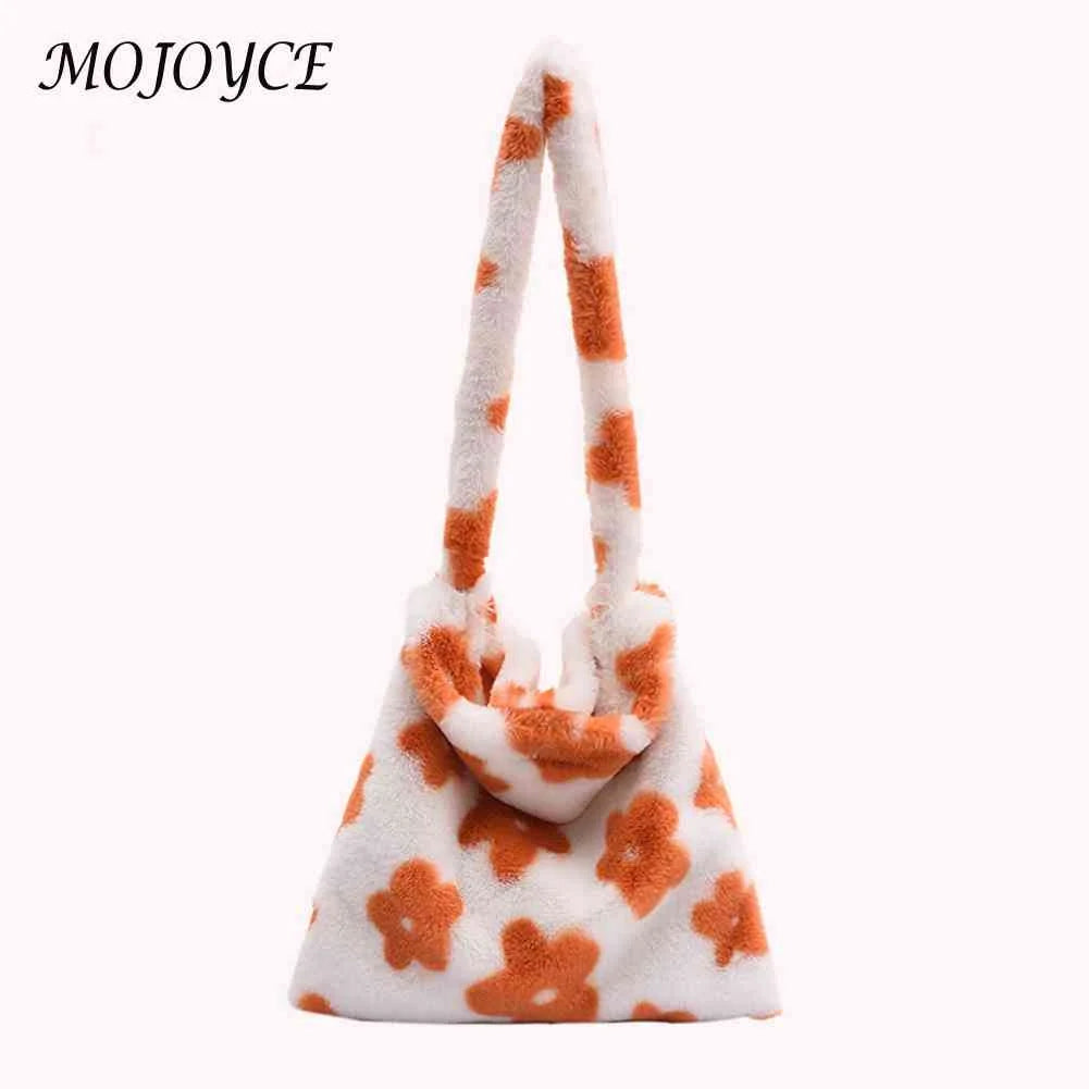 Women Plush Flower Shoulder Bag Winter Warm Fabric Shopping Bags