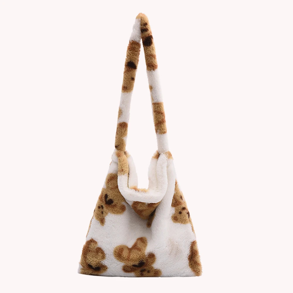 Women Plush Flower Pattern Shoulder Bag Female Winter Warm Fabric Shopping Bags