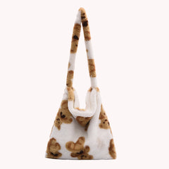 Women Plush Flower Pattern Shoulder Bag Female Winter Warm Fabric Shopping Bags
