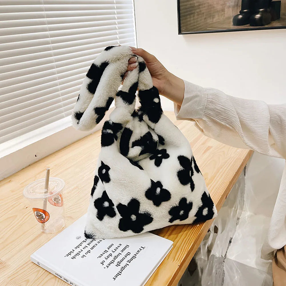 Women Plush Flower Shoulder Bags Cow Print Bucket Bags Faux Fur Handbag