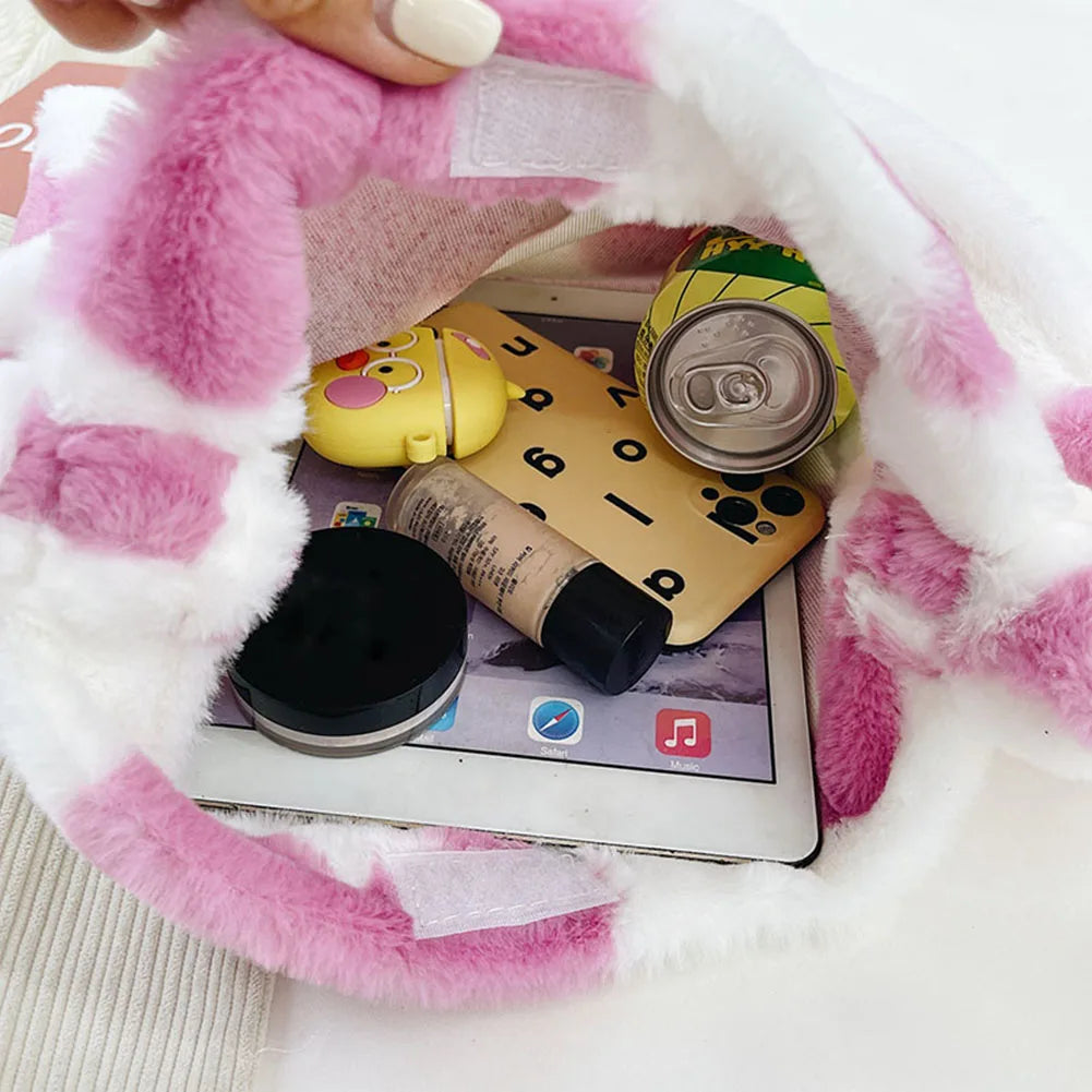 Women Plush Flower Shoulder Bags Cow Print Bucket Bags Faux Fur Handbag