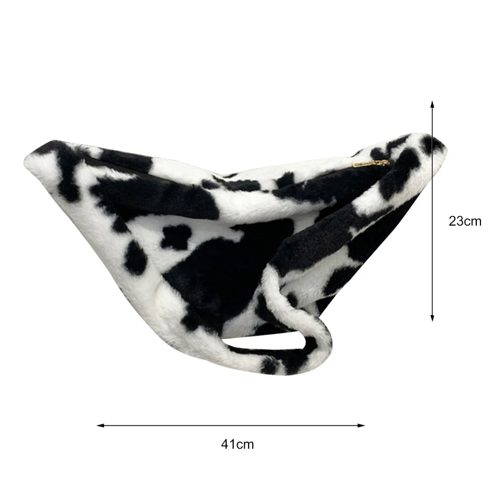 Women Plush Fur Crossbody Bag Winter Leopard Cow Printing Messenger Bag