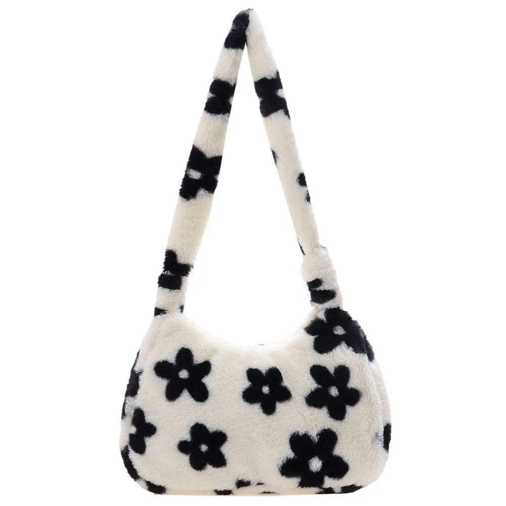 Plush Fur Flower Love Shoulder Bag Winter Zipper Armpit Bag