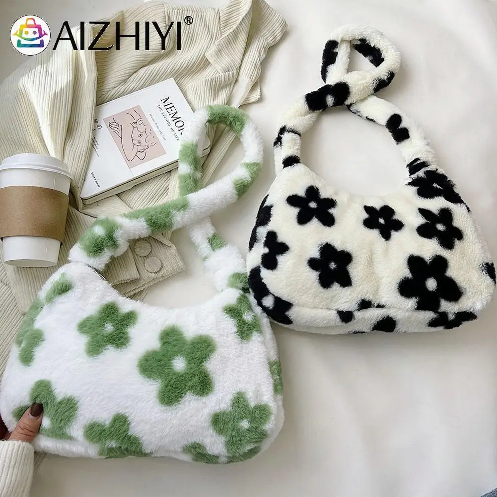 Plush Fur Flower Love Shoulder Bag Winter Zipper Armpit Bag
