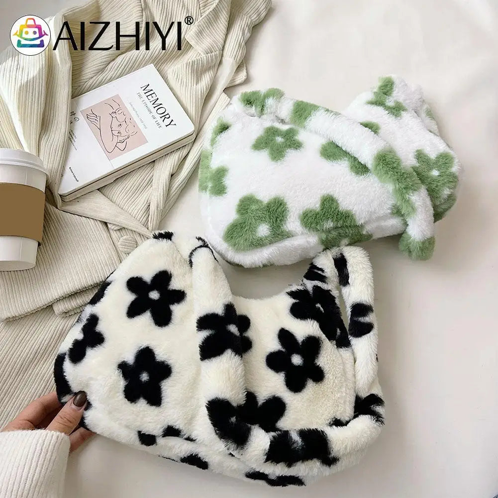 Plush Fur Flower Love Shoulder Bag Winter Zipper Armpit Bag