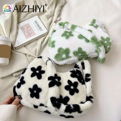 Plush Fur Flower Love Shoulder Bag Winter Zipper Armpit Bag