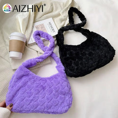 Plush Fur Flower Love Shoulder Bag Winter Zipper Armpit Bag