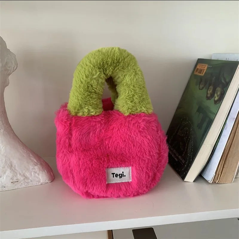 Women Plush Fur Buckle Handbag Lady Winter Mini Top-handle Bag