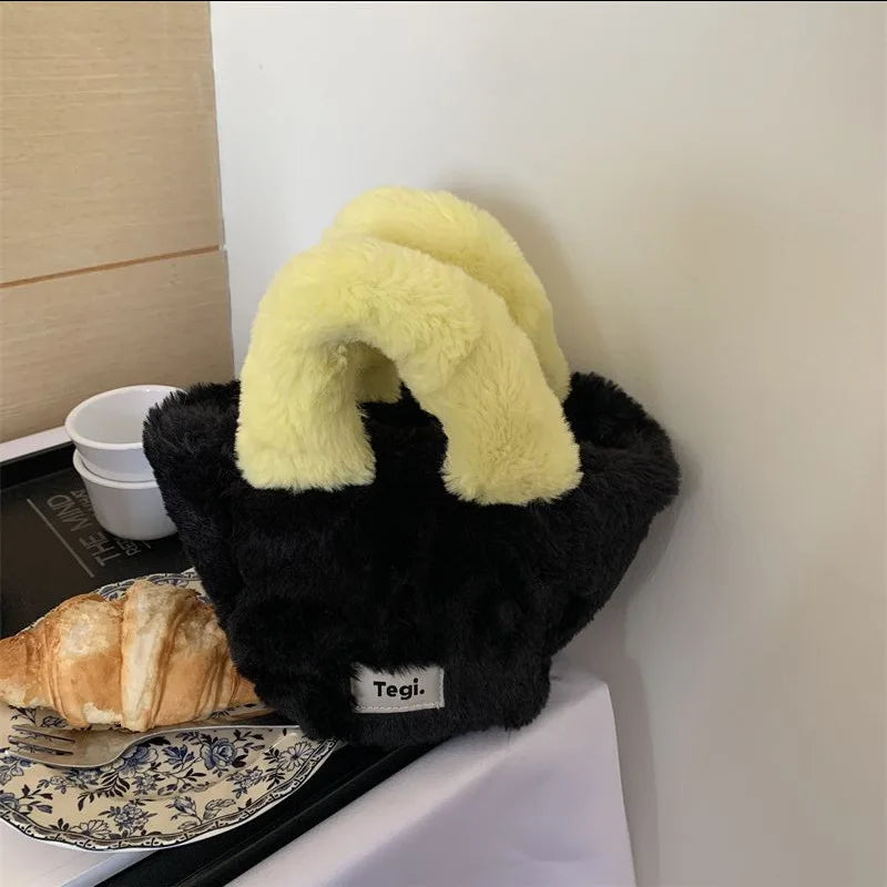 Women Plush Fur Buckle Handbag Lady Winter Mini Top-handle Bag