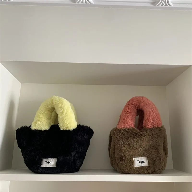 Women Plush Fur Buckle Handbag Lady Winter Mini Top-handle Bag
